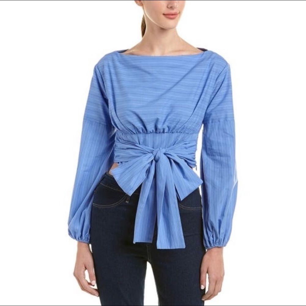 NWT LIKELY FRONT TIE TOP M Blue long sleeve striped top cropped cotton shirt